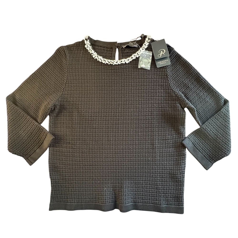 Adrianna Papell Womens S Top Black Waffle Knit Rhinestone Neck 3/4 Sleeve NWT